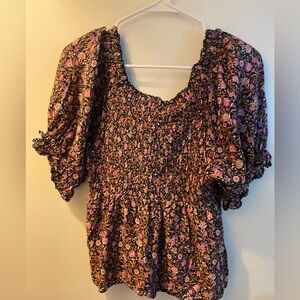 Navy and pink floral smocked blouse women’s medium